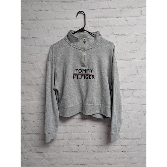 Tommy Hilfiger Tops - Tommy Hilfiger Crop Quarter Zip Sweatshirt Gray Logo Pullover Women's  XL NWOT